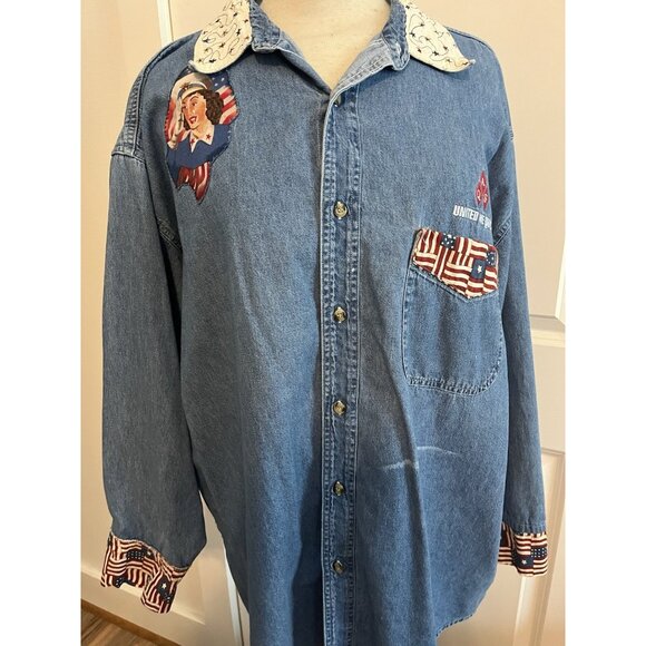 Womens Embellished Denim Blue Jean XL Top Quilt Pin Up Girl Quilter USA Patriot - Picture 2 of 16